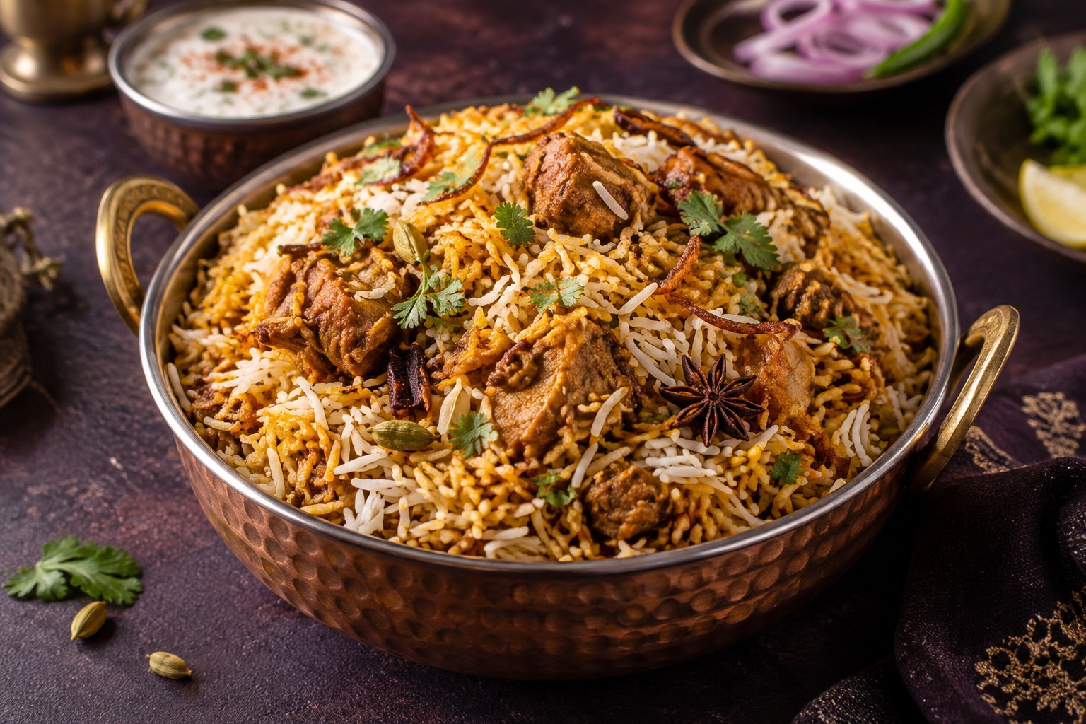 Fragrant biryani rice with fresh herbs in a copper bowl