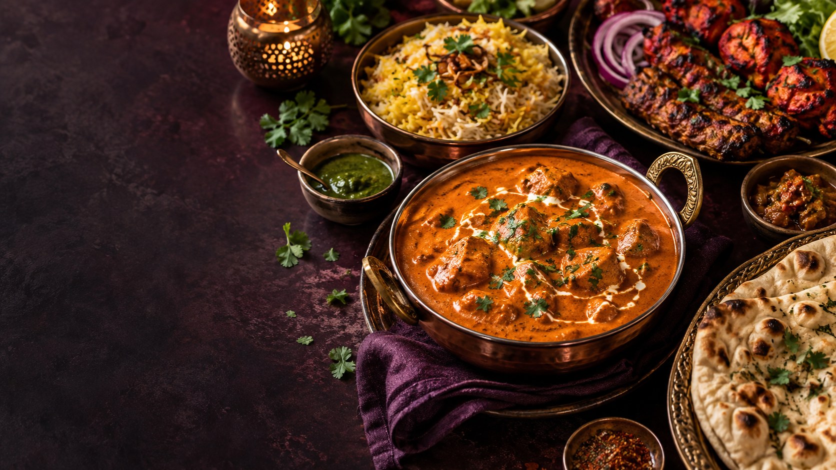 A rich, creamy curry with rice and naan