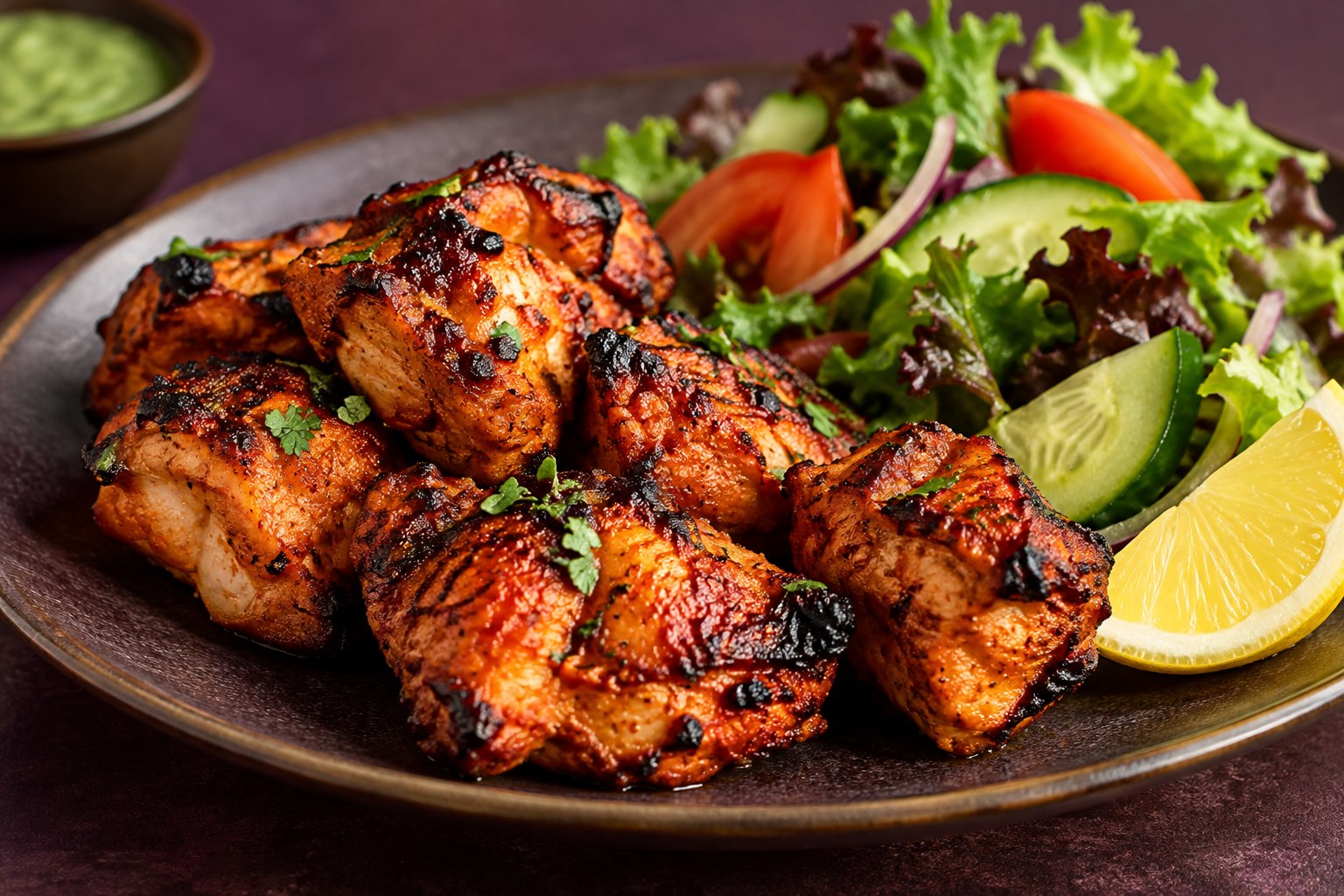 Chargrilled chicken tikka with fresh salad